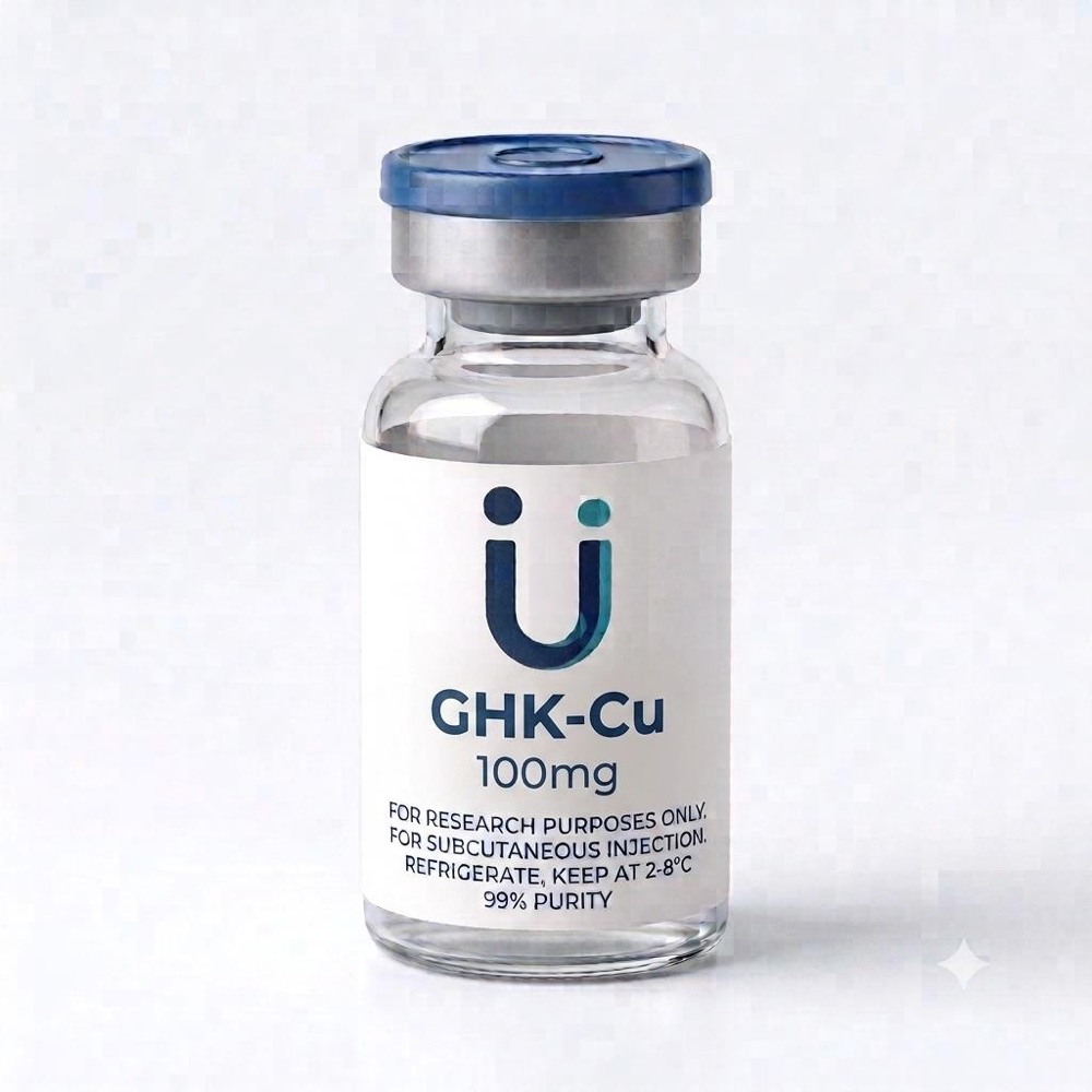 Lyophilized vial of TrüPeptides GHK-Cu 100 mg, a copper peptide