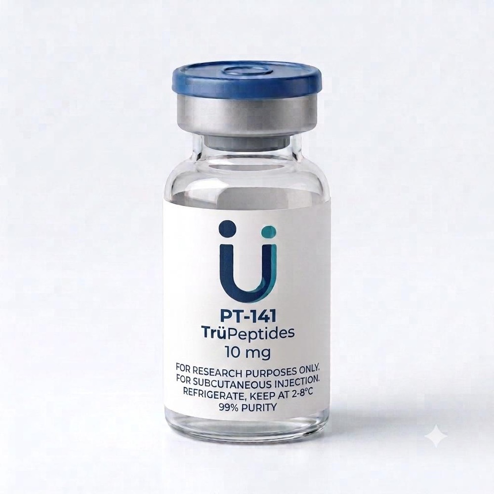Lyophilized vial of TrüPeptides PT-141 10 mg with a research-grade label